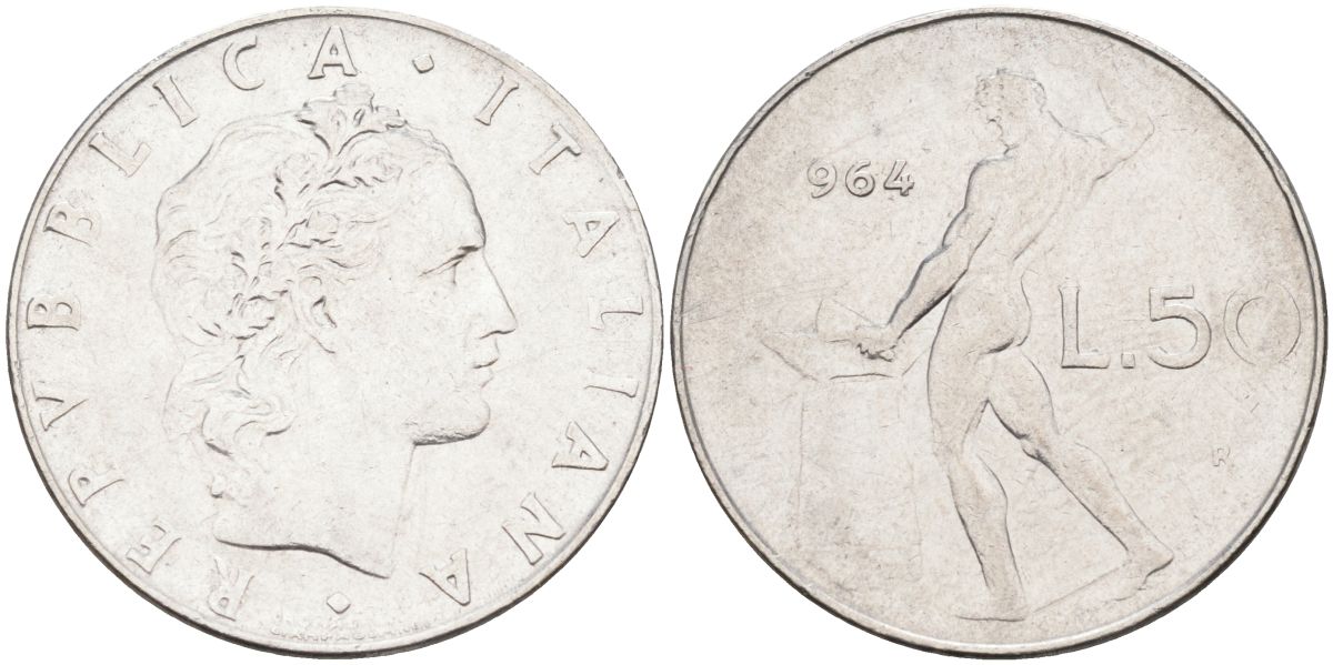 Италия 50 лир 1964 R, бог огня Вулкан у наковальни KM 95.1 нержавеющая сталь 4538-541