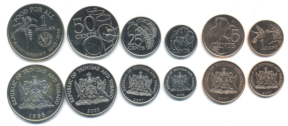 Тринидад и Тобаго лот из 6 монет 1995-2007 1, 5, 10, 25, 50 центов, 1 доллар FAO UNC M77-10