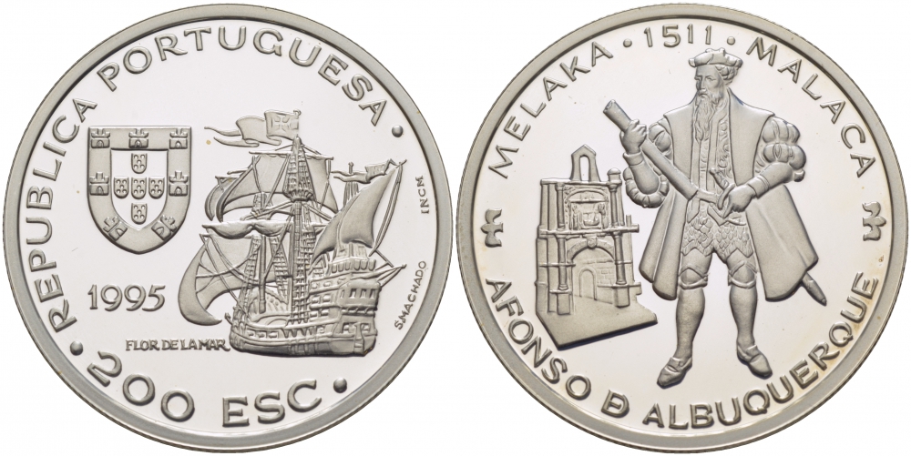 Португалия 200 эскудо 1995 Афонсу де Албукерки, захват Малакки в 1511 году KM 681а серебро PROOF 00-00