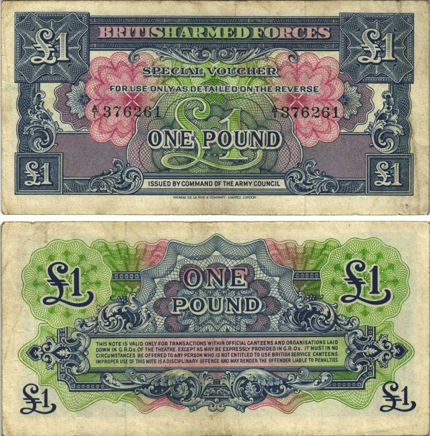 АНГЛИЯ 1 ФУНТ 1946 ПЕРВАЯ СЕРИЯ, ДЛЯ ВООРУЖЕННЫХ СИЛ, СПЕЦИАЛЬНЫЙ ВАУЧЕР Pick M15a бумага XF- 7218-17-3