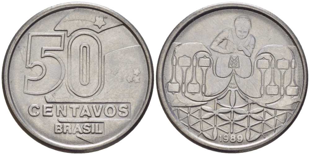 БРАЗИЛИЯ 50 СЕНТАВО 1989 РЕФОРМА 1989-1990 KM 614 нержавеющая сталь 116-1261