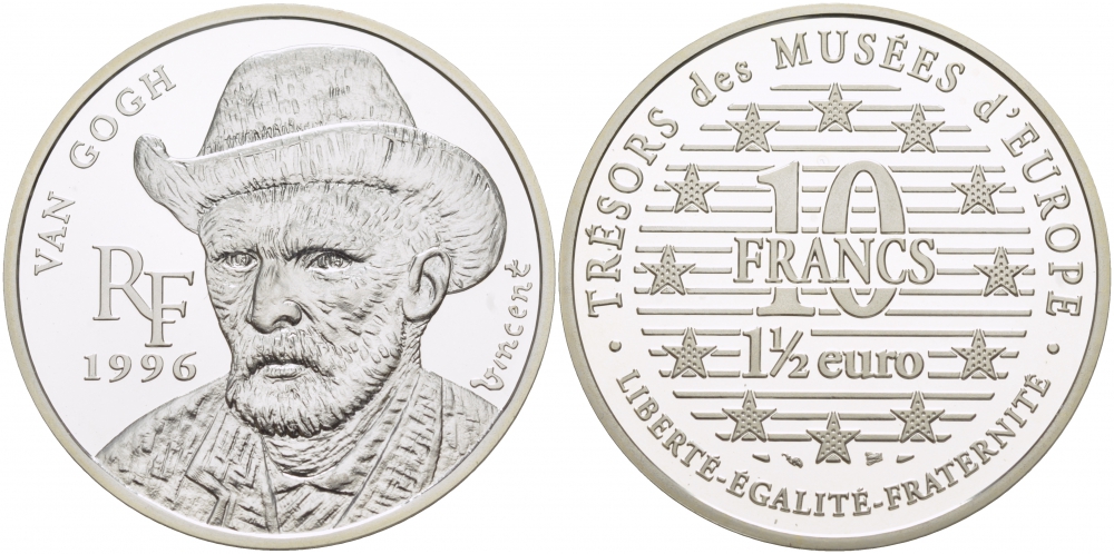 Франция 10 франков = 1 1/2 евро 1996 серия сокровища музеев Европы, Винсент Ван Гог KM 1147 серебро PROOF 1068-4-54