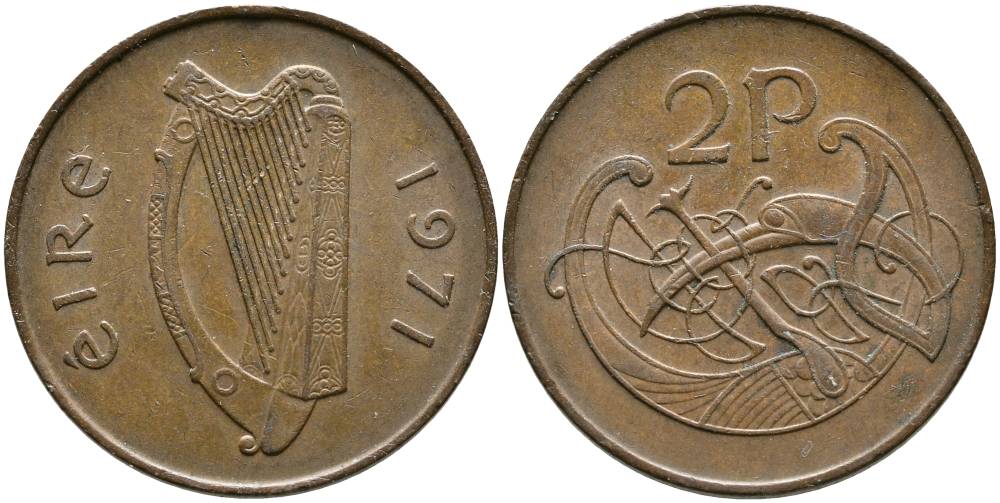 Ирландия 2 пенса 1971 виньетка в виде стилизованной птицы из второй библии Карла II лысого KM 21 бронза 4525-1123