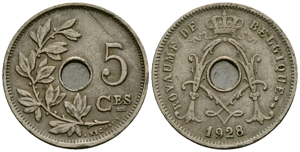 Бельгия 5 сантимов 1928 Belgique KM 66 медно-никель 4173-614