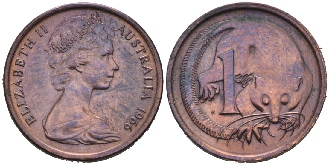 Австралия 1 цент 1966 ОПОССУМ, Елизавета II KM 62 бронза 4564-548