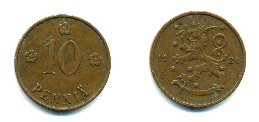Финляндия 10 пенни 1924 республика (1918-1962) KM 24 медь 46-1755