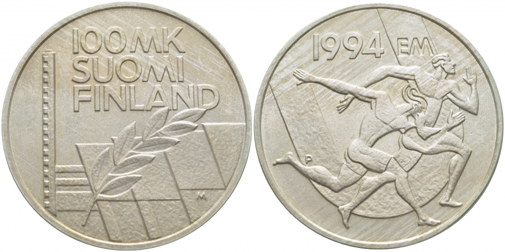 Финляндия 100 марок 1994 стадион дружбы, бег KM 78 серебро UNC 3896-914
