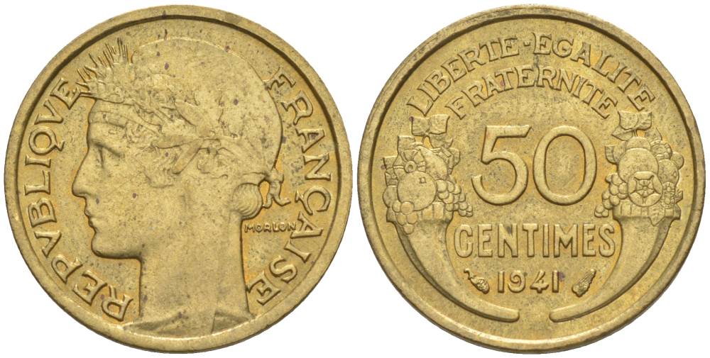 ФРАНЦИЯ 50 САНТИМОВ 1941 ТИП MORLON KM 894.1, LE FRANC 192.18 алюминиевая бронза 44-634