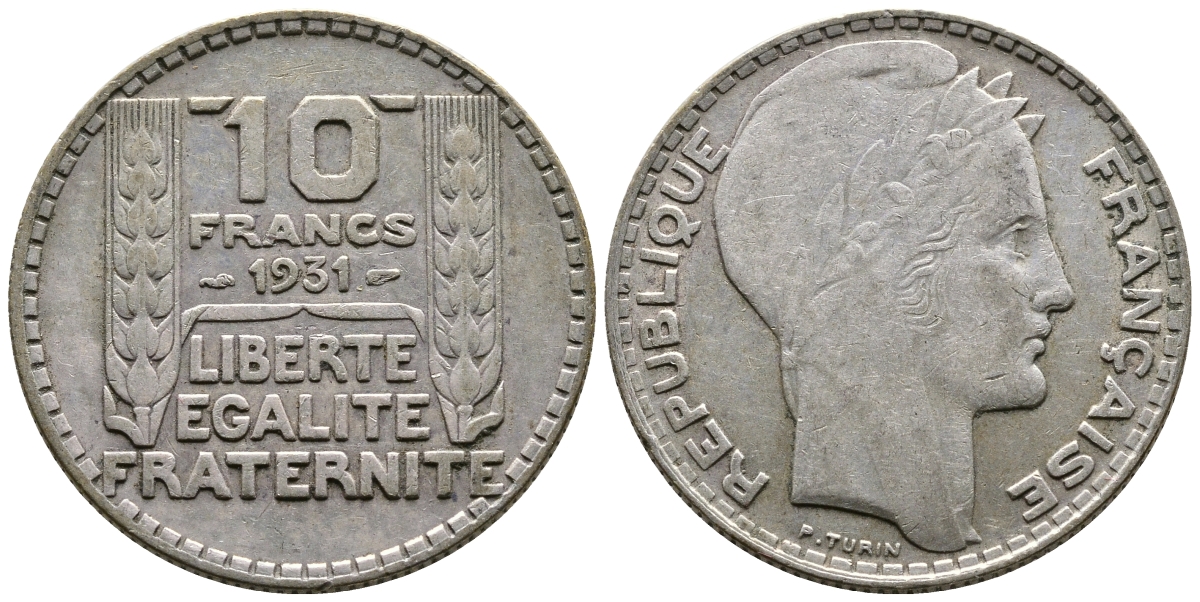 Франция 10 франков 1934 Пьер Тюрен KM 878, Le Franc 360.7 серебро 93-443