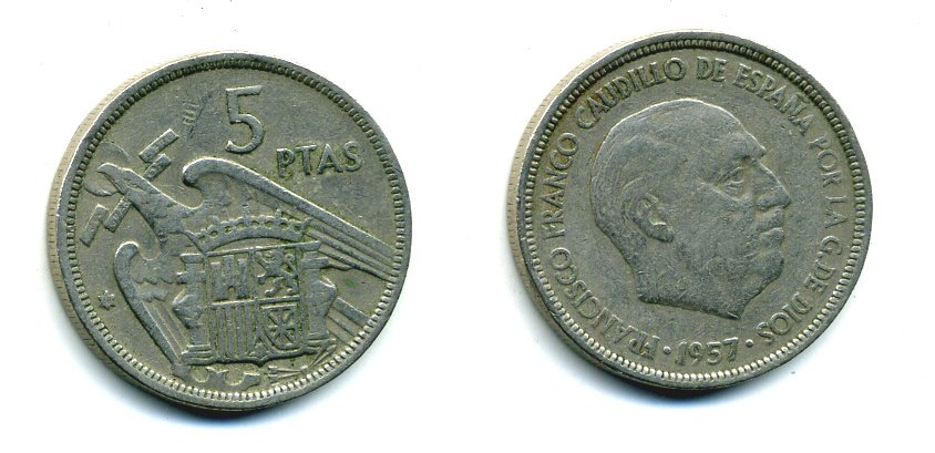 ИСПАНИЯ 5 ПЕСЕТ 1957 (58) ФРАНСИСКО ФРАНКО ДИКТАТОР ИСПАНИИ (1939-1975) KM 786 медно-никель 53-1234