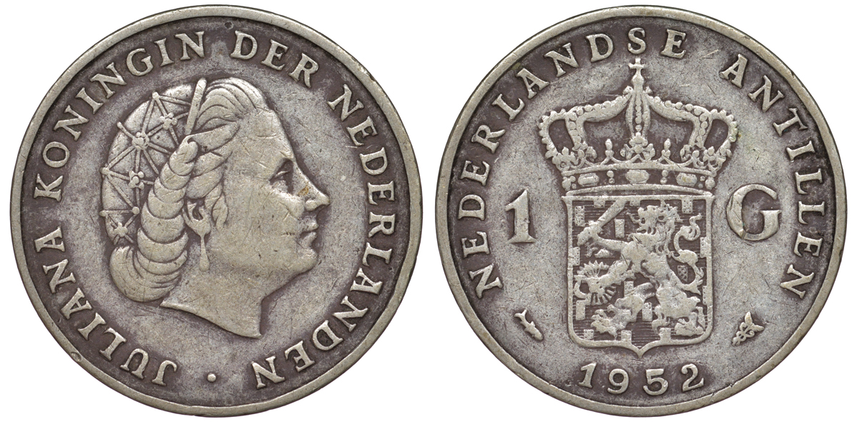 Нидерландские Антилы 1 гульден 1952 Юлиана (1948-1980) KM 2 серебро 4178-946