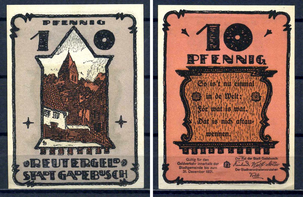 Гадебуш (Германия, Мекленбург-Шверин) 10 пфеннигов 1921 бумага aUNC 7556-15-1-2