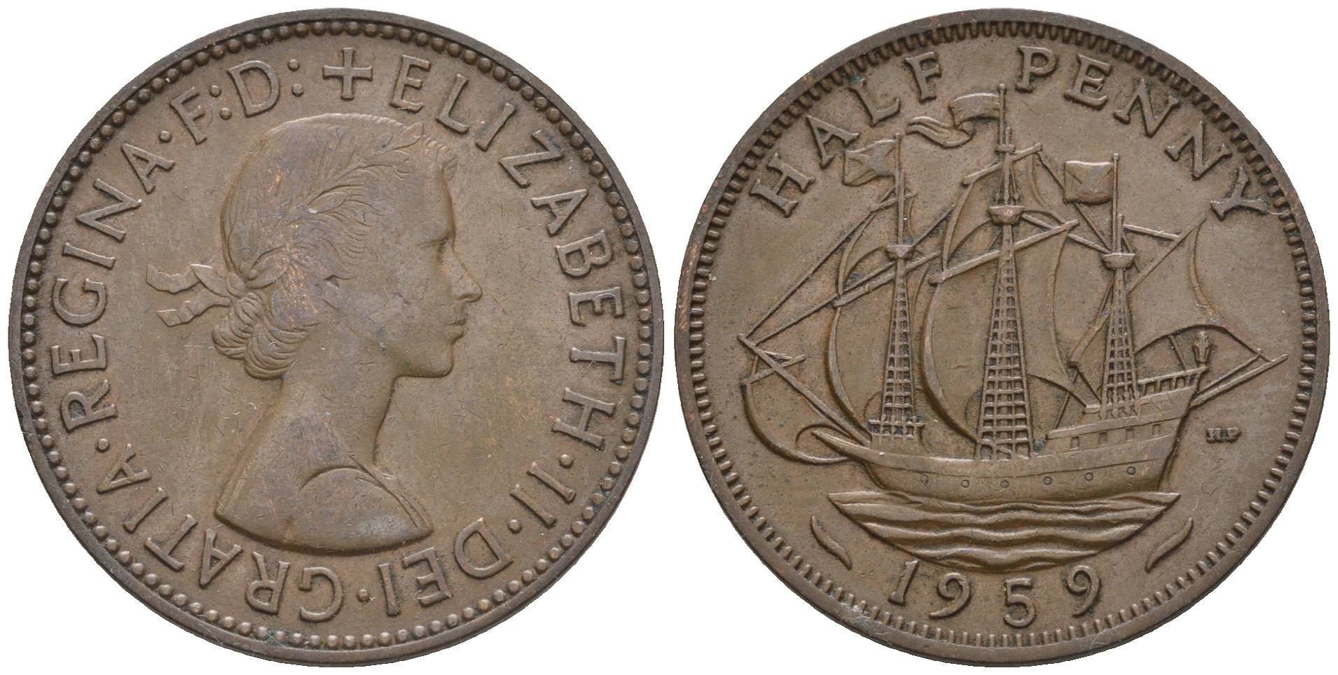 Великобритания 1/2 пенни 1959 Елизавета II (1952-2022) KM 896, Spink 4158 бронза 4610-657