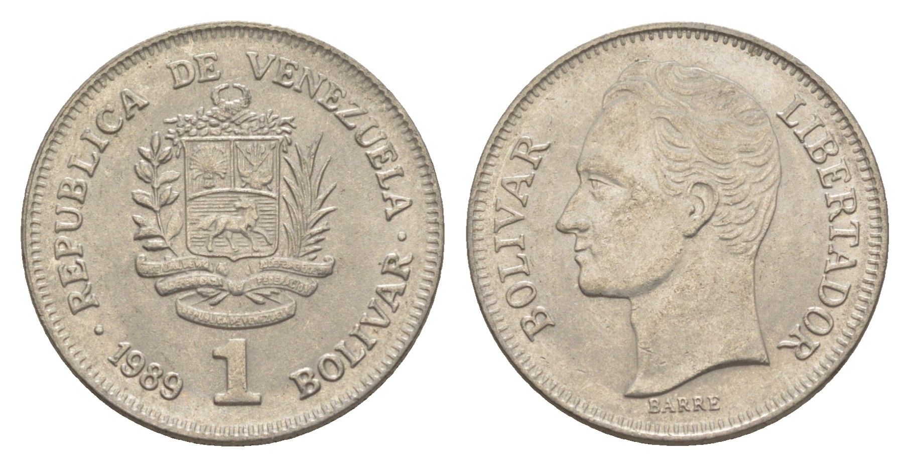 Венесуэла 1 боливар 1989 Симон Боливар, тонкий шрифт Y 52a.1 сталь плакированная никелем 4589-655