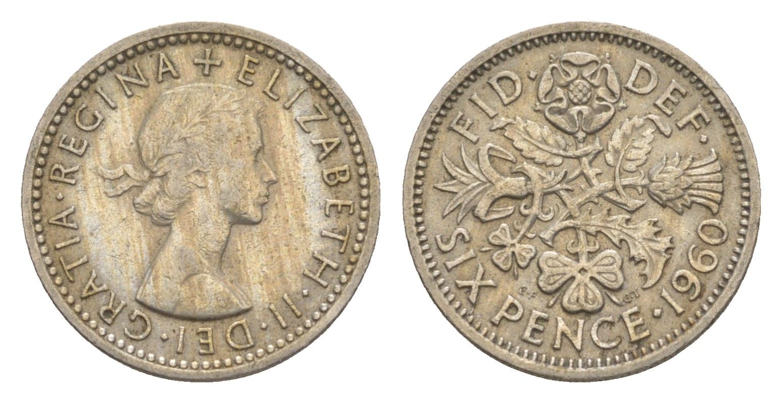 Великобритания 6 пенсов 1960 Елизавета II (1952-2022) KM 903, Spink 4149 медно-никель 4649-616