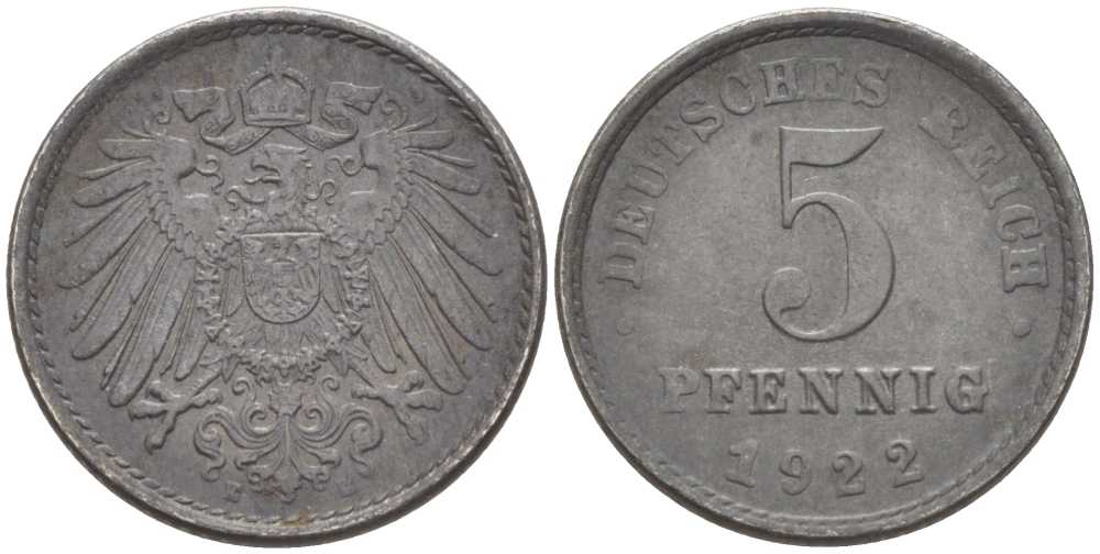 ГЕРМАНИЯ 5 ПФЕННИГОВ 1922 E KM 19, J. 297, Weege 5 железо 206-753