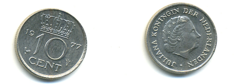 НИДЕРЛАНДЫ 10 ЦЕНТОВ 1977 ЮЛИАНА KM 182 никель 83-966