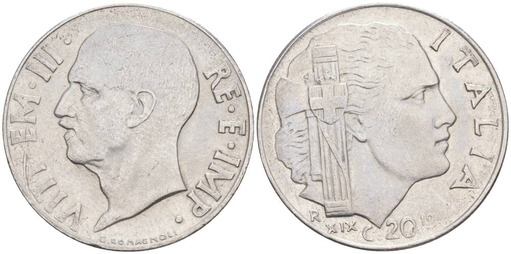 ИТАЛИЯ 20 ЧЕНТЕЗИМО 1941 R, ГОД XIX, ВИКТОР ЭММАНУИЛ III (1900-1946) KM 75b, VEM3. 1028 нержавеющая сталь 3853-936