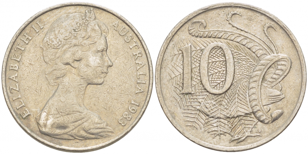 Австралия 10 центов 1983 Елизавета II (1952-), птица лирахвост KM 65 медно-никель 3457-652