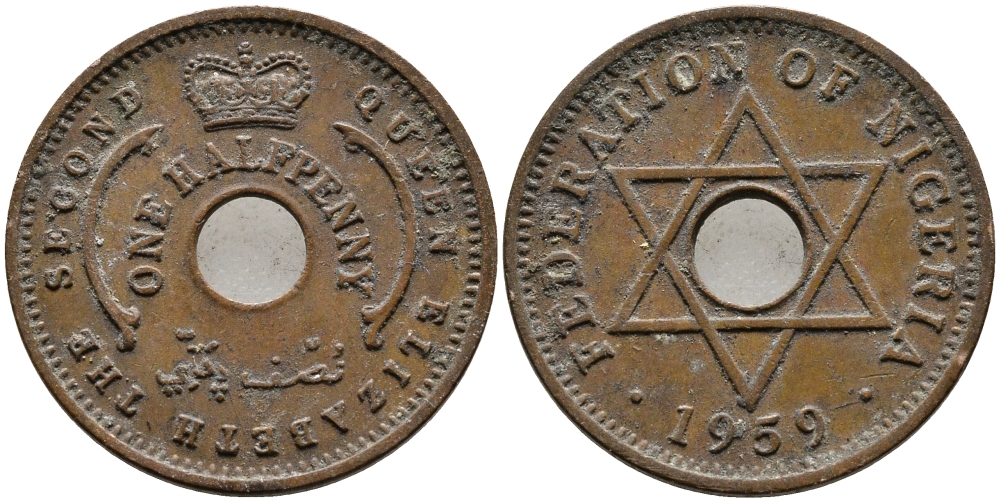 Нигерия 1/2 пенни 1959 Елизавета II (1952-), Британский протекторат KM 1 бронза 4387-267