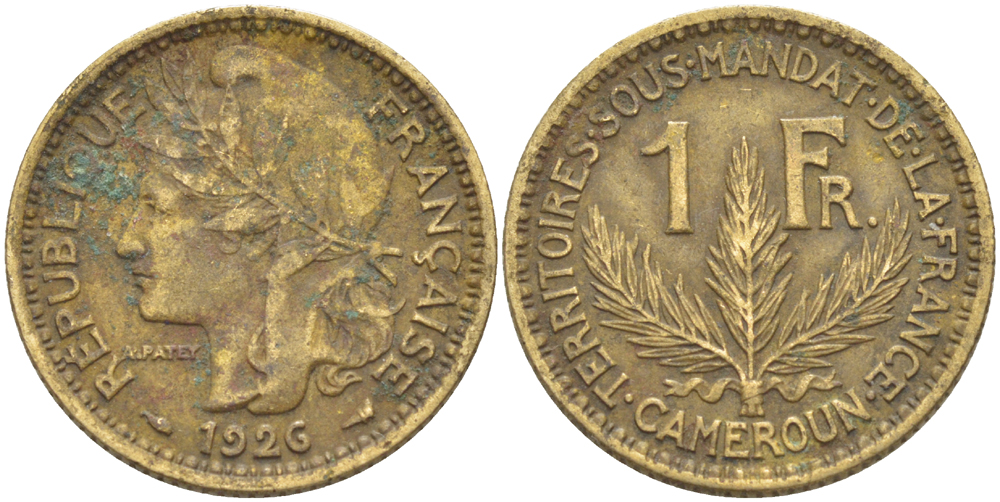 Французский Камерун 1 франк 1926 (а), монетный двор Париж KM 2 алюминиевая бронза 73-1454