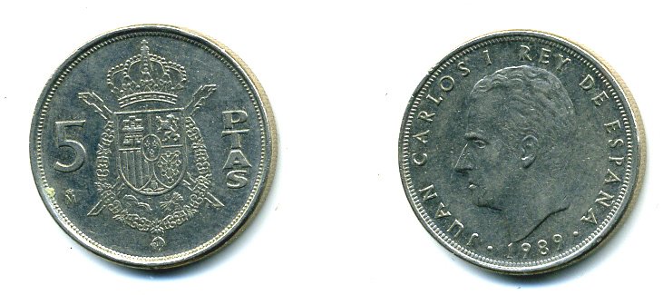 ИСПАНИЯ 5 ПЕСЕТ 1989 ХУАН КАРЛОС I (1975-) KM 823 медно-никель 59-1733
