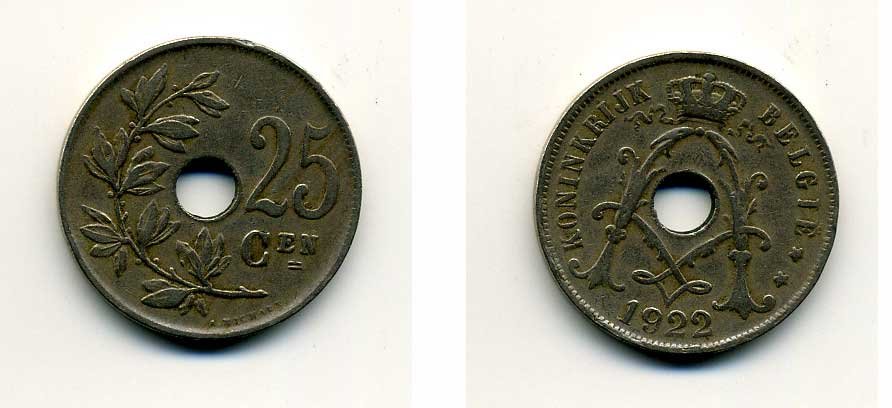 БЕЛЬГИЯ 25 САНТИМОВ 1922 BELGIE KM 69 медно-никель 41-645