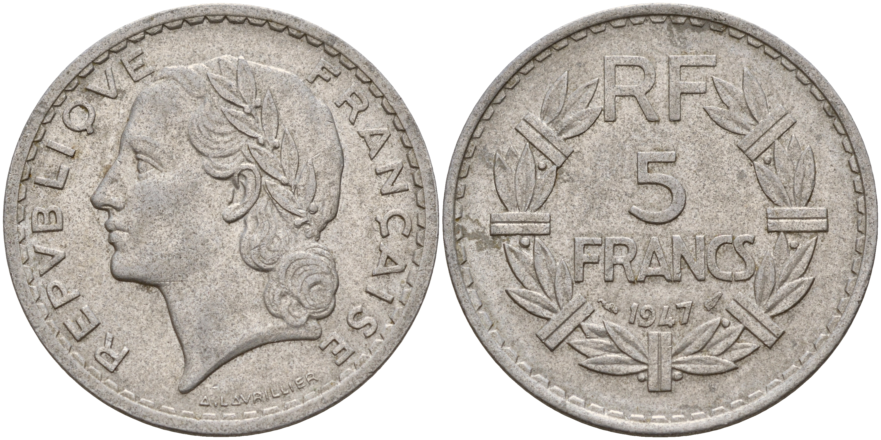 Франция 5 франков 1947 открытая 9, тип Лаврийе KM 888b.2, Le Franc 339.9 алюминий 4599-441