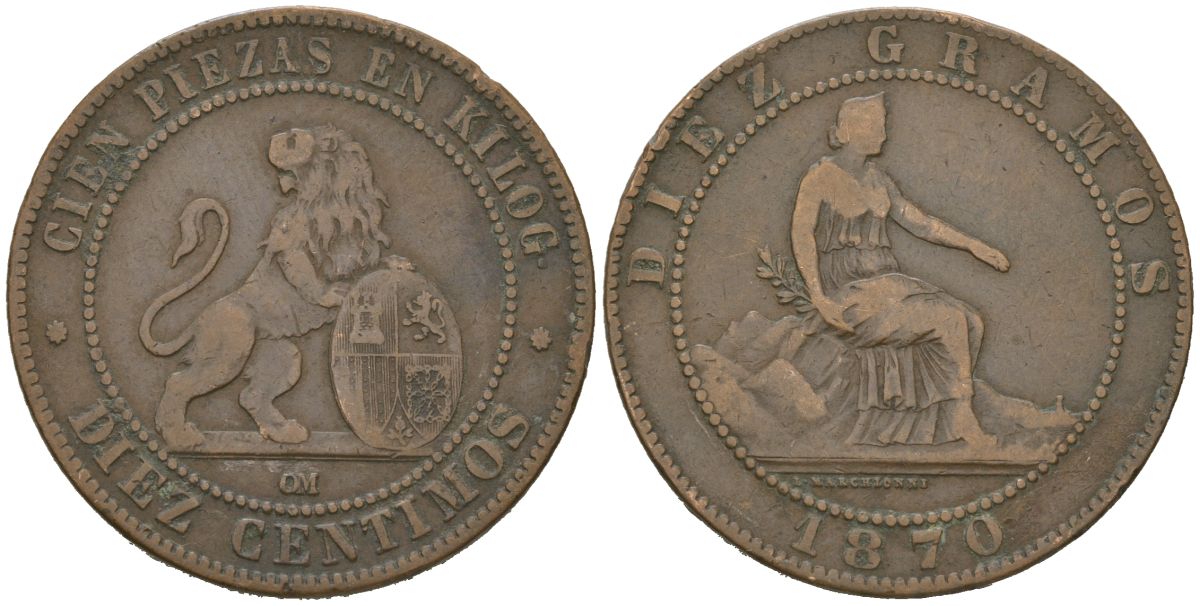 Испания 10 сентимо 1870 ОМ, лев со щитом KM 663 бронза 215-1032