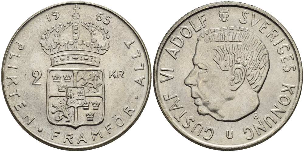 Швеция 2 кроны 1965 U, Густав VI Адольф (1950-1973) KM 827 серебро UNC 4517-542