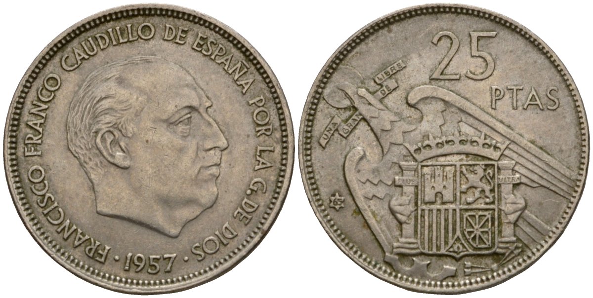 Испания 25 песет 1957 (65) KM 787 медно-никель 92-651