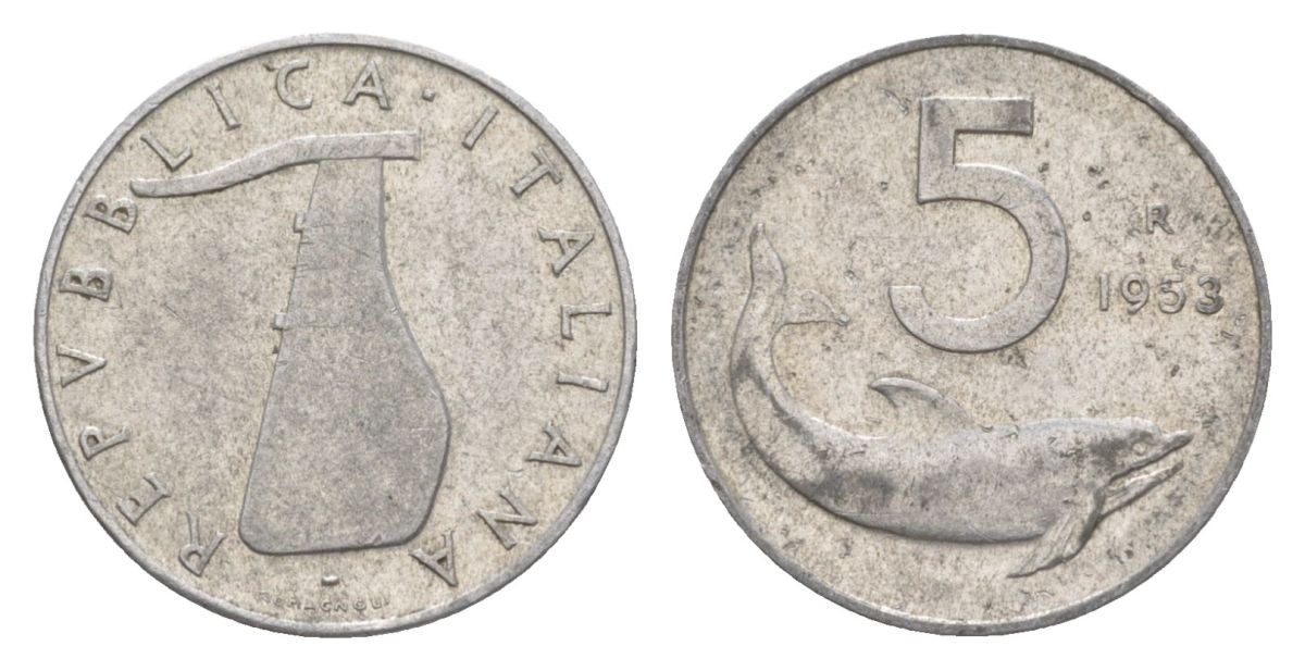 Италия 5 лир 1953 R, дельфин, плуг KM 92 алюминий 4632-542
