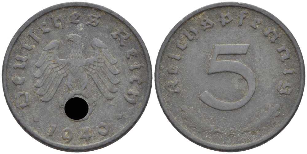 ГЕРМАНИЯ 5 РЕЙХСПФЕННИГОВ 1940 A KM 100, J. 370 цинк 105-225