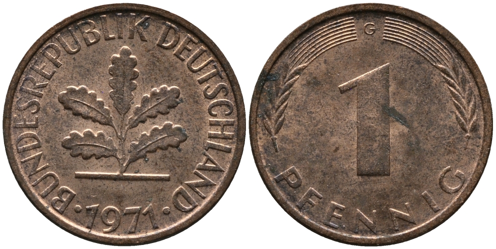 ФРГ 1 пфенниг 1971 G KM 105, J.380 сталь плакированная медью 99-317