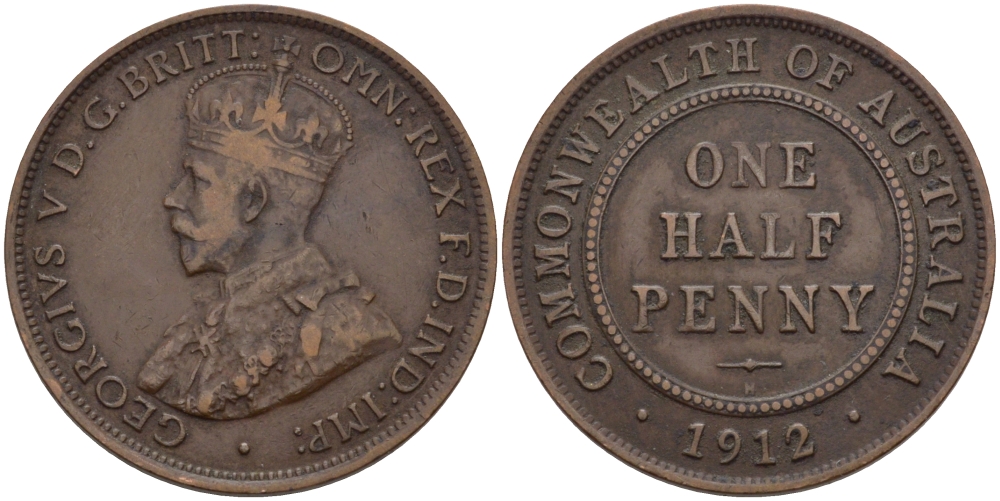 АВСТРАЛИЯ 1/2 ПЕННИ 1912 Н, ГЕОРГ V KM 22 бронза 67-1212
