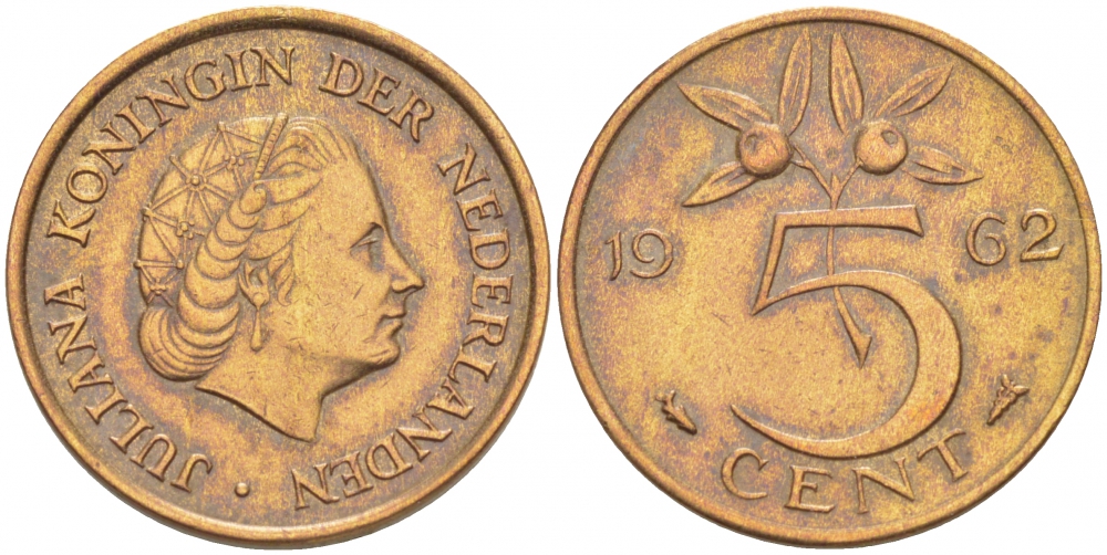 НИДЕРЛАНДЫ 5 ЦЕНТОВ 1962 ЮЛИАНА KM 181 бронза 3718-355