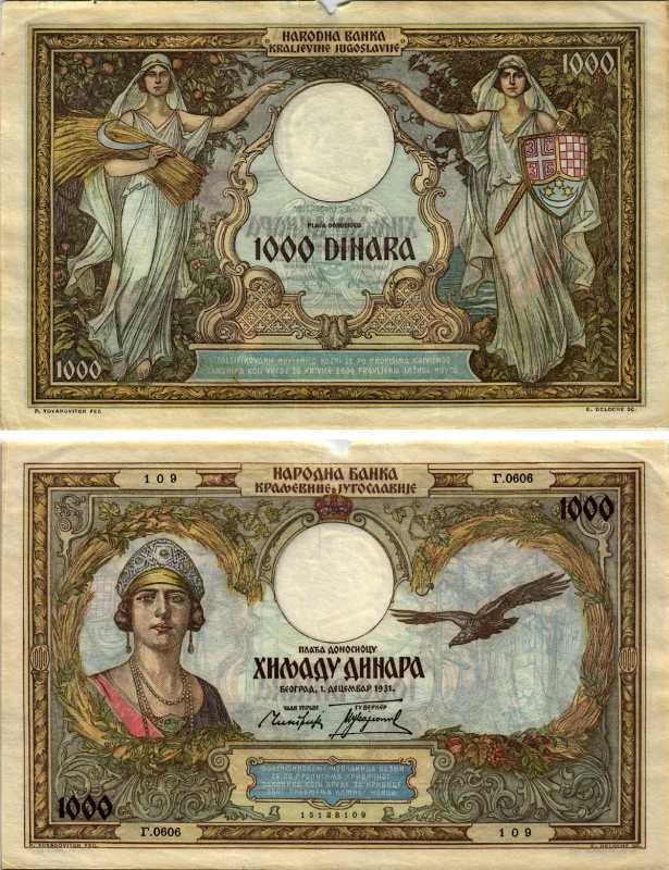 Югославия 1000 динаров 1931 Королева Мария и птица, аллегорические фигуры Pick 29 бумага 434-4-5-2