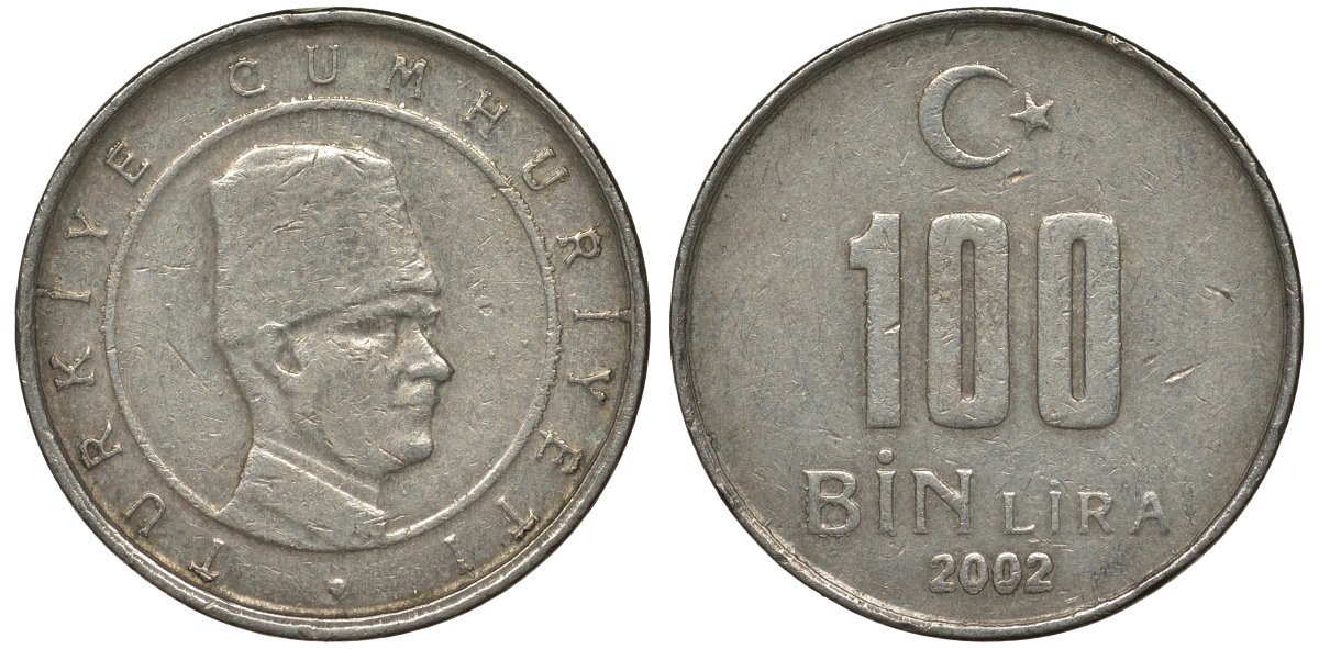 Турция 100000 лир 2002 Мустафа Кемаль Ататюрк KM 1106 медь никель цинк 4122-253