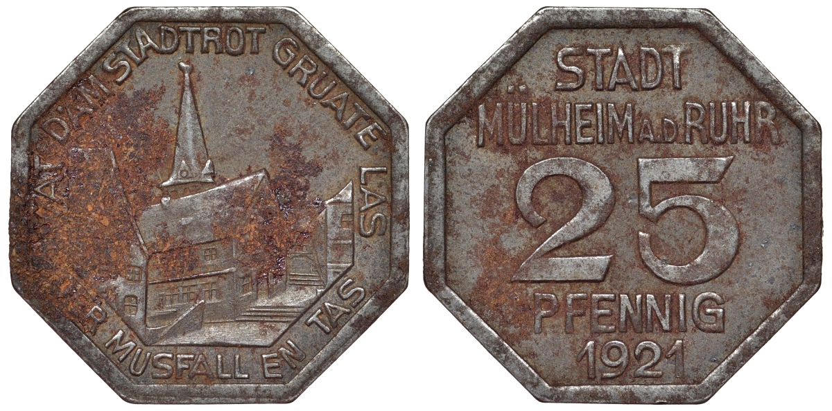 Германия, Мюльхайм-ан-дер-Рур 25 пфеннигов 1921 Северный Рейн-Вестфалия, нотгельд железо 4121-115