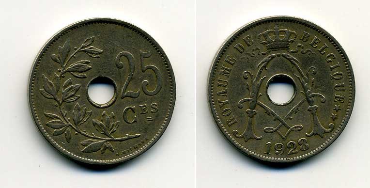 БЕЛЬГИЯ 25 САНТИМОВ 1928 BELGIQUE KM 68.1 медно-никель 37-1253