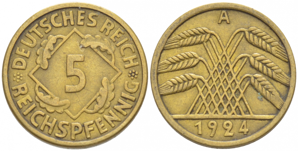 ГЕРМАНИЯ 5 РЕЙХСПФЕННИГОВ 1924 A, KM 39, J. 316 алюминиевая бронза 4532-549
