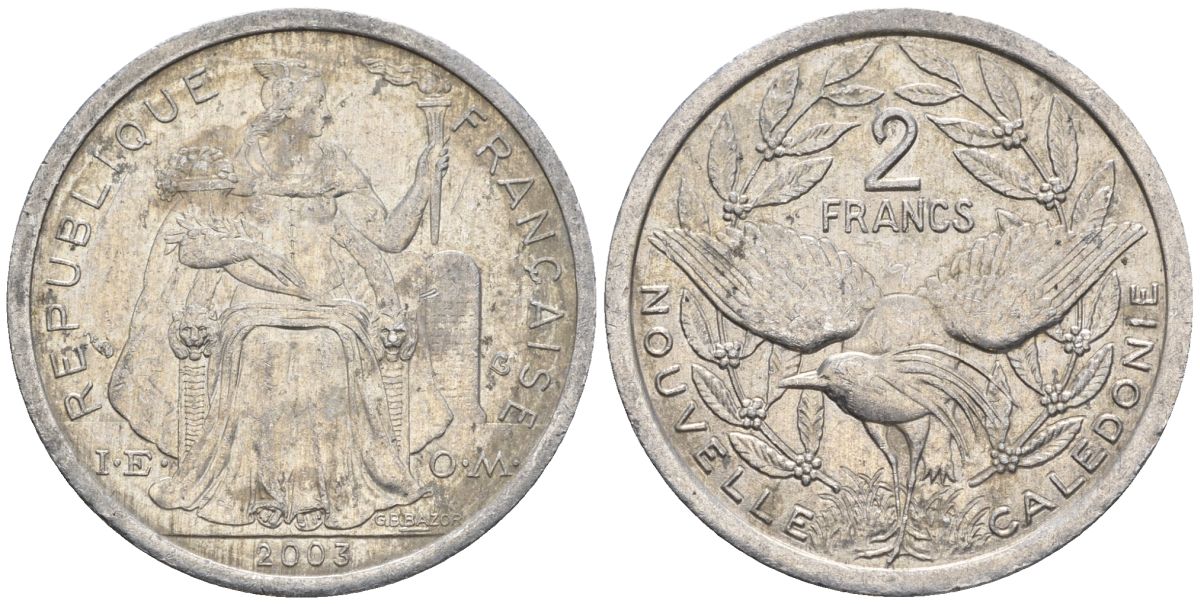 Французская Новая Каледония 2 франка 2003 птица кагу, (IEOM) KM 14, Schoen 11, Lec 68h алюминий    25-1247