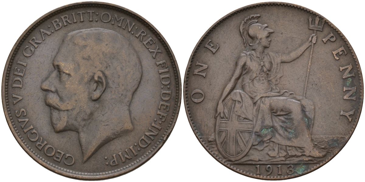 Великобритания 1 пенни 1913 Георг V (1910-1936) KM 810, Spink 4051 бронза 4149-713