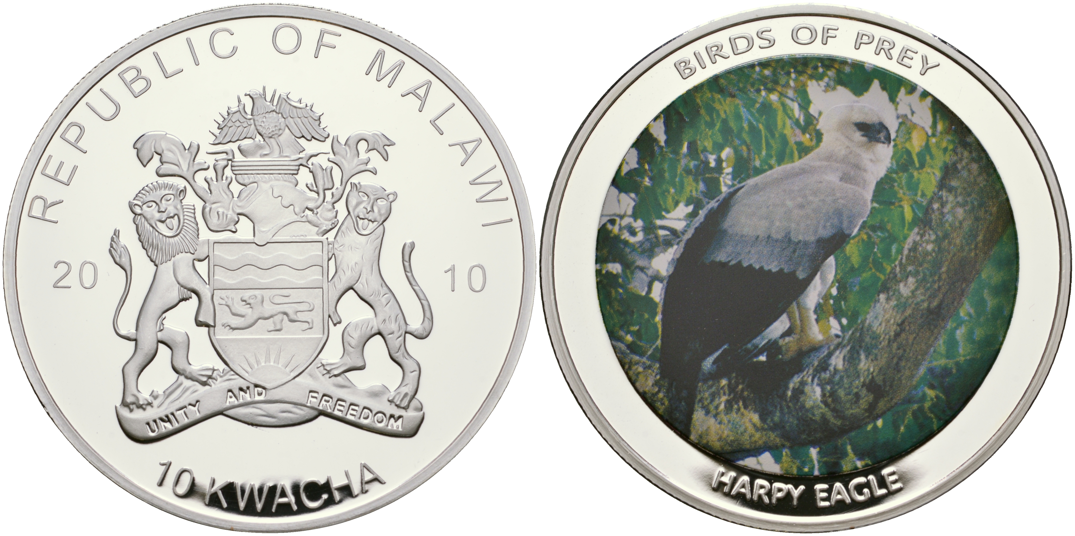 Малави 10 квача 2010 хищные птицы, гвианская гарпия, цветная эмаль, диаметр 50 мм PROOF 05-089-24