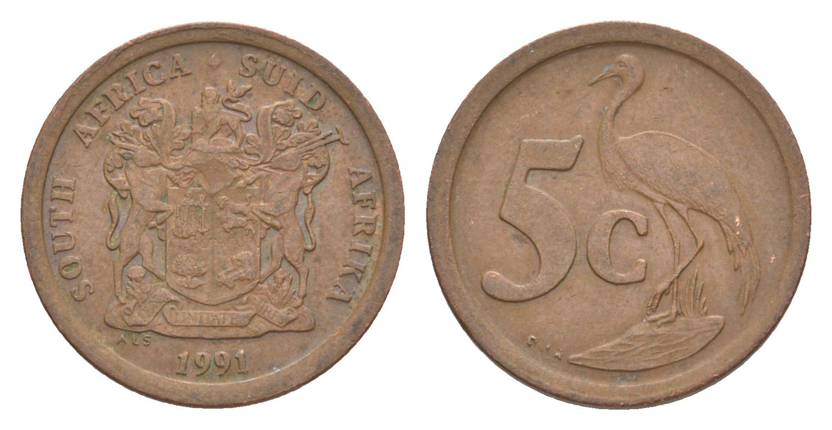 ЮАР 5 центов 1991 герб, райский журавль KM 134 сталь плакированная медью 4621-427