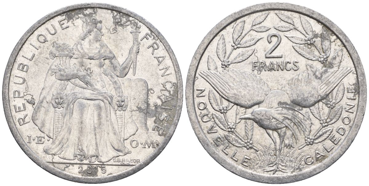 Французская Новая Каледония 2 франка 2015 птица кагу, (IEOM) KM 14, Schoen 11 алюминий    29-932