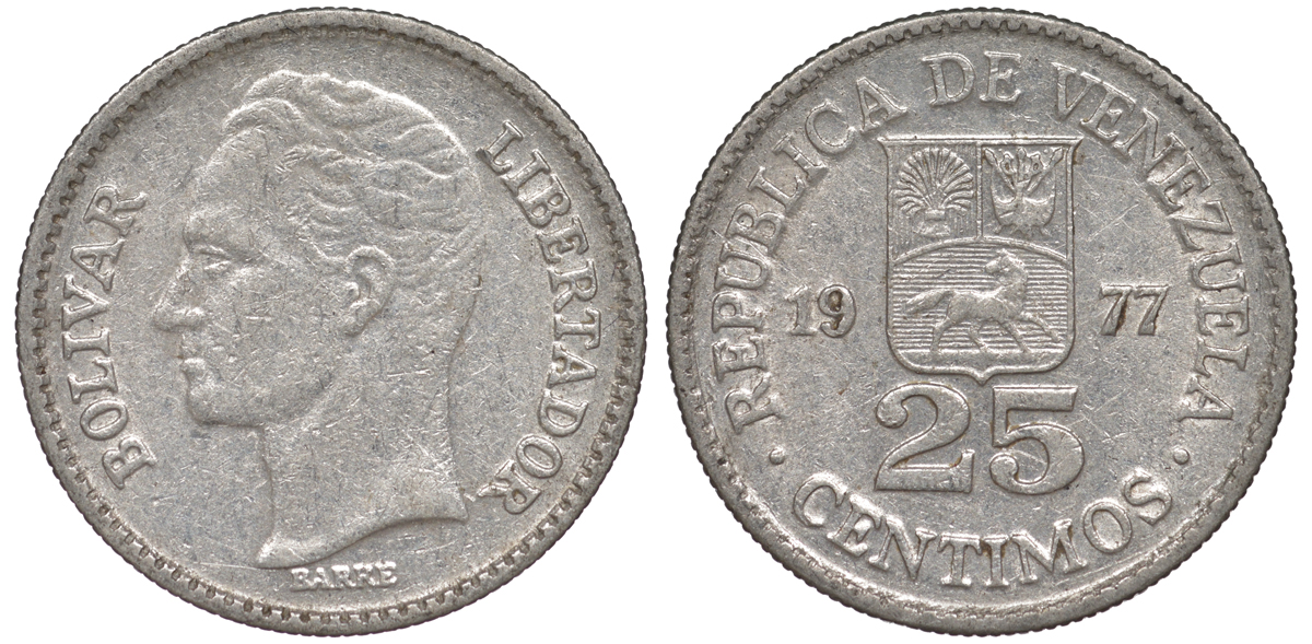 Венесуэла 25 сентимо 1977 Симон Боливар KM 50.2 никель 4594-451