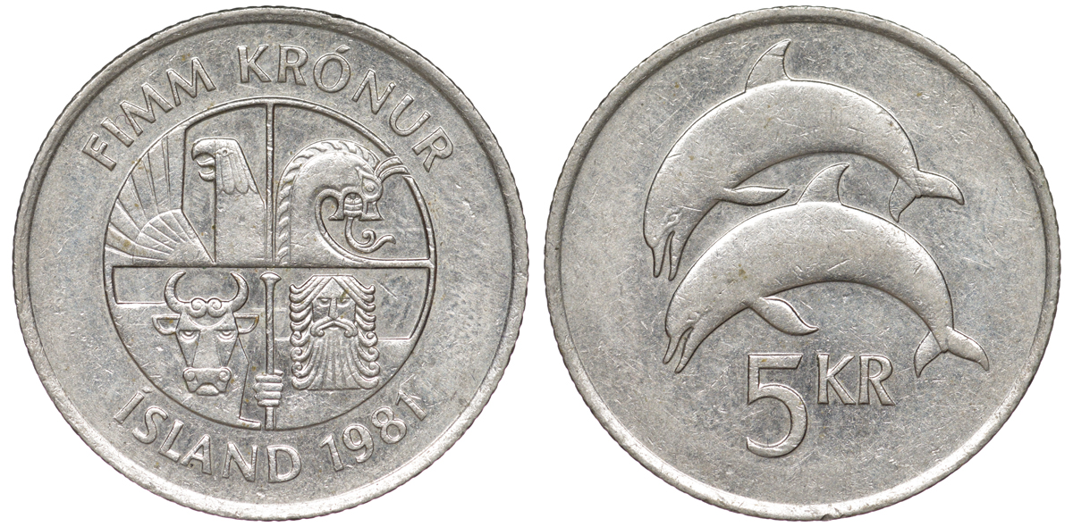 Исландия 5 крон 1981 дельфины KM 28 медно-никель 259-414