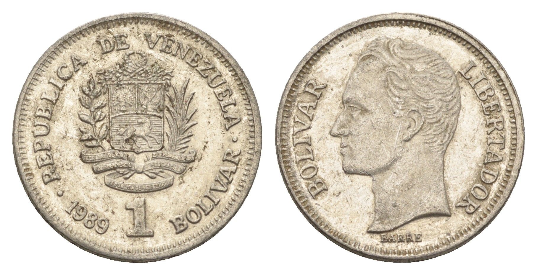 Венесуэла 1 боливар 1989 Симон Боливар, тонкий шрифт Y 52a.1 сталь плакированная никелем 4662-852