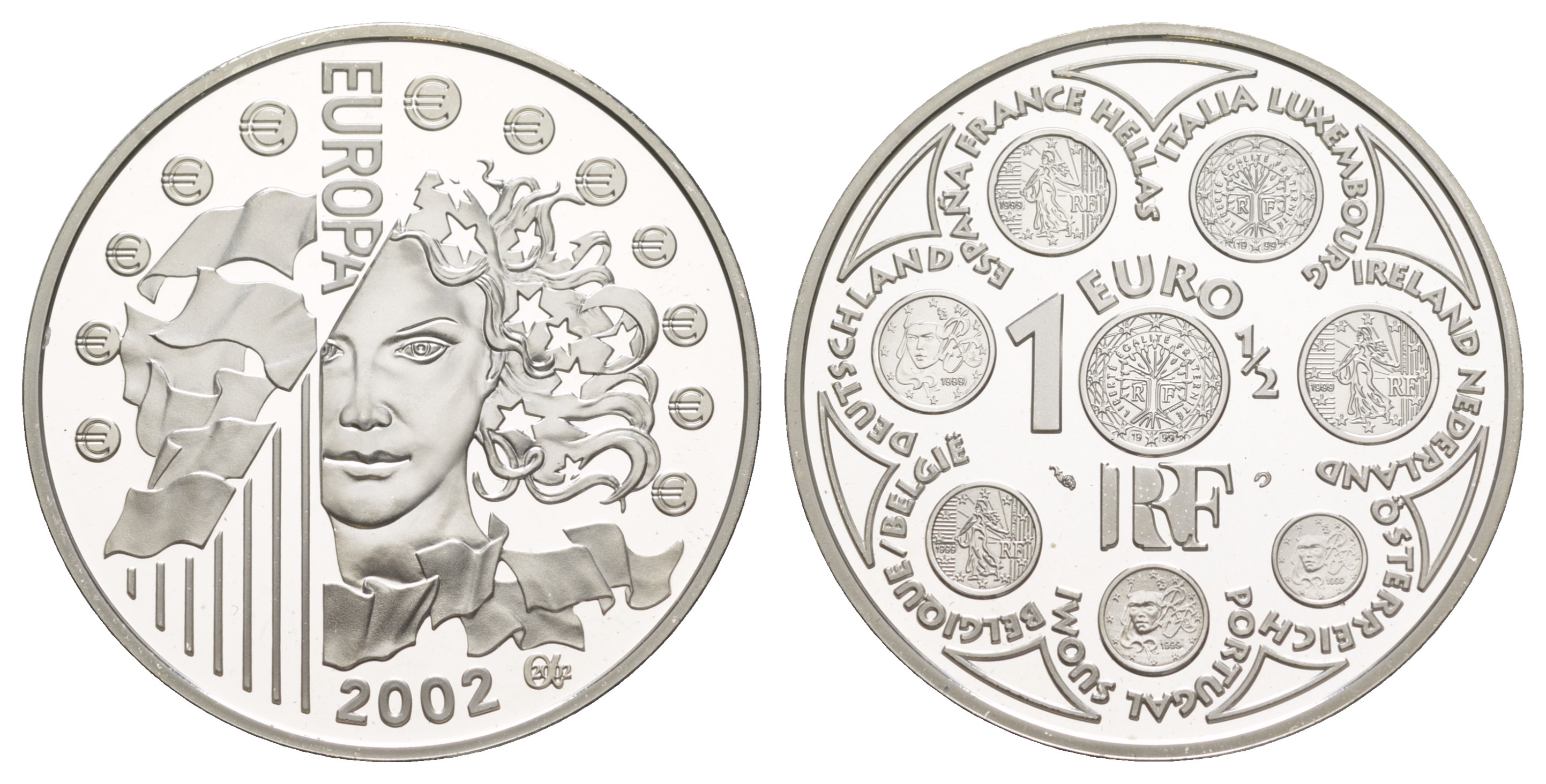 Франция 1 1/2 евро 2002 введение евро, в оригинальной коробке, сертификат KM 1301 серебро  PROOF  1-6-4-31